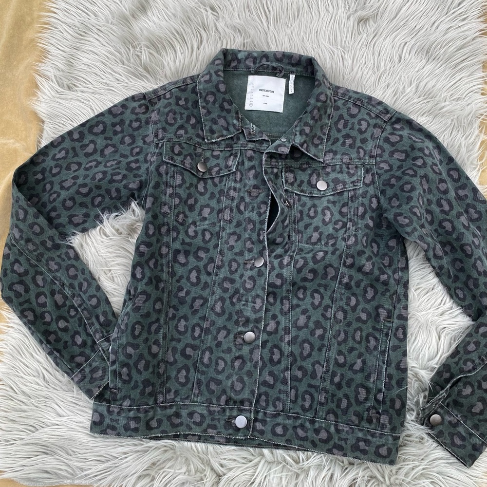 One Teaspoon Green Pink Leopard Print Denim Jean Jacket Kids 12-14